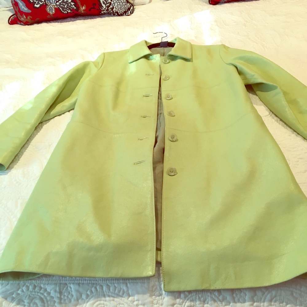 Mint green long leather jacket